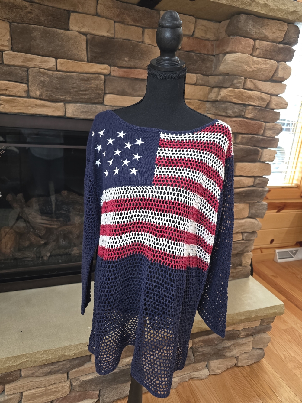 All American Comfort Flag Open-Knit Sweater Womans Size 1x